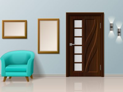 Door realistic composition with front view of modern room interior with armchair frames and closed door vector illustration